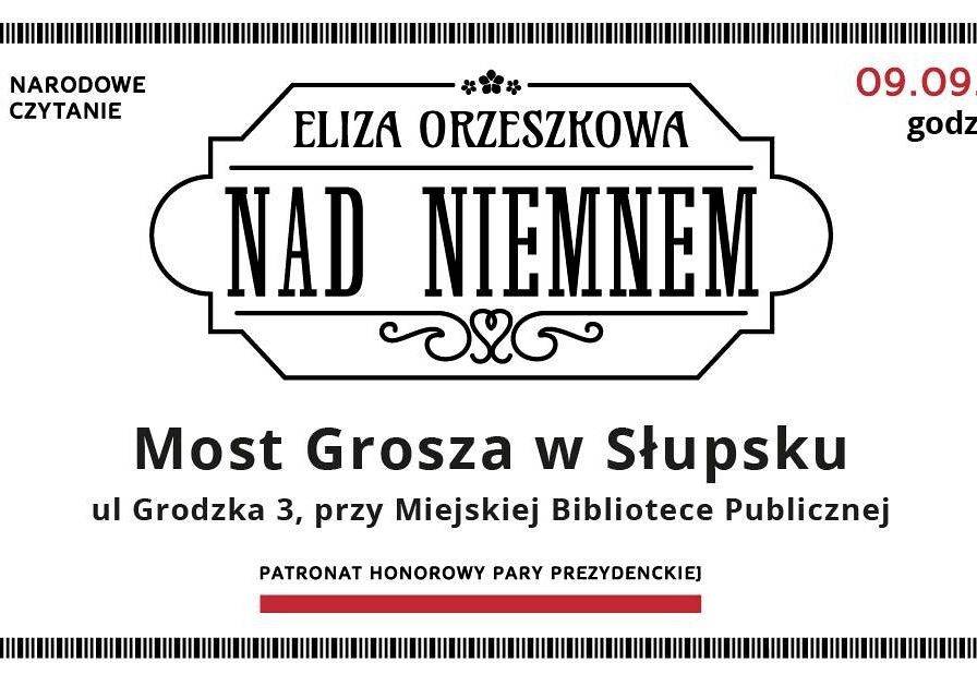 Grafika 1: Narodowe Czytanie 2023 – Nad Niemnem Elizy Orzeszkowej, Bulwary nad Słupią, przy bibliotece