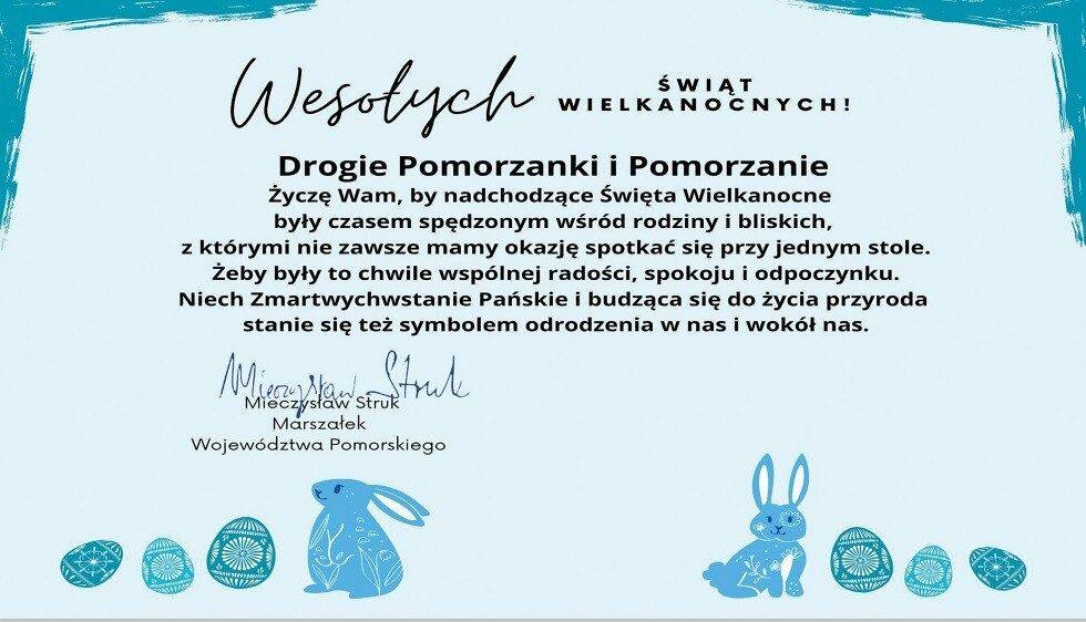 Życzenia Wielkanocne Marszałka Województwa Pomorskiego Mieczysława Struk