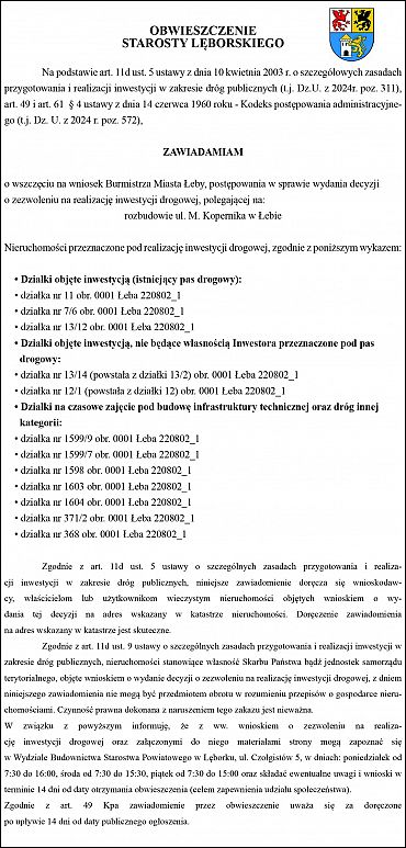 Obwieszczenie Starosty Lęborskiego